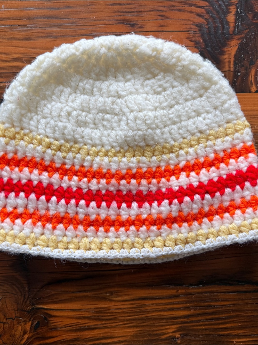 Crocheted Women's Beanie Hat in White with Red & Orange Stripes